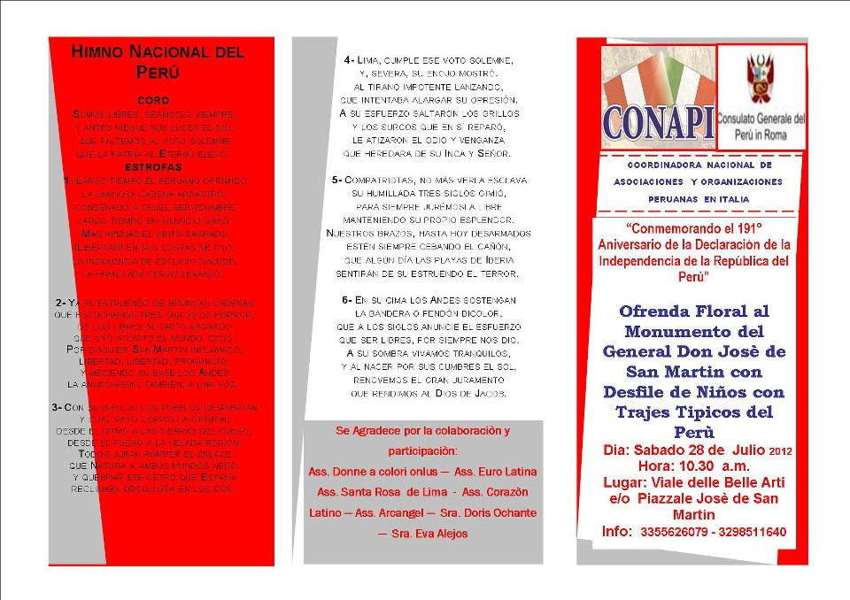 Programa Evento “Donne a Colori, Consulado del Perú, Donne a Colori: Conmemoración al  Perú”