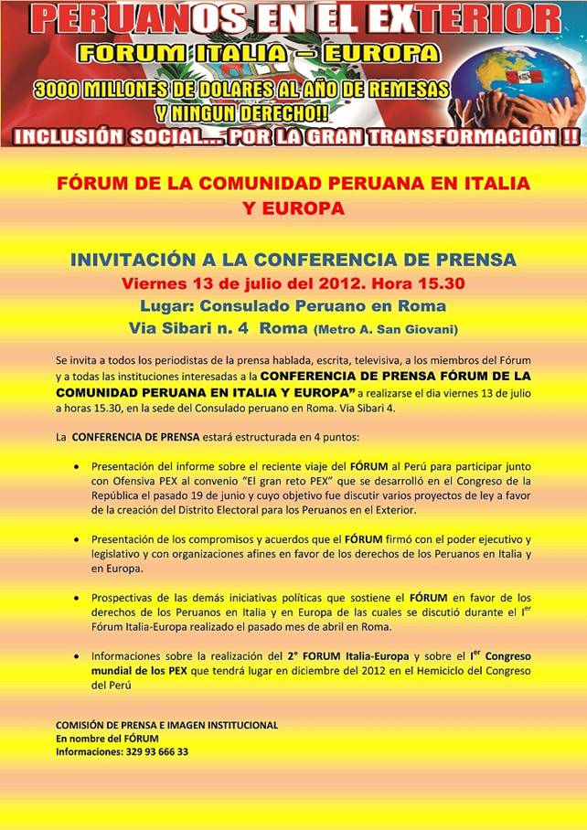 Invitación del Fórum de la Comunidad Peruana en Italia y Europa